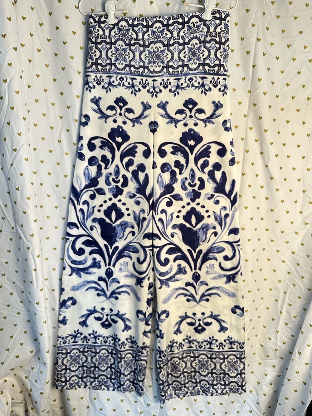 Rachel Zoe White Wide-Leg Pants with Blue Ornamental Print